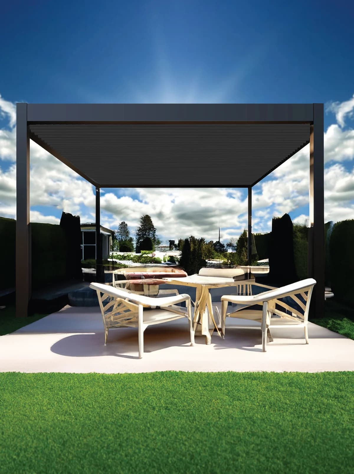 Pergola structure attached to a home for covered outdoor dining