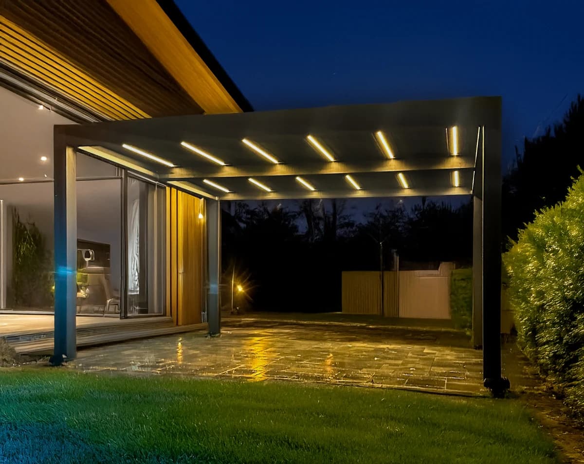 Pergola installation by a Sunspace dealer with clean white finish